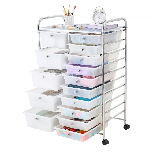 VEVOR Rollwagen mit 15 Schubladen Rollcontainer Doppelreihe 635x390x965mm, Metallgestell, Ablagefläche, Handgriffe, Lenkrolle mit 2 Bremsen, Mobiler Aufbewahrungswagen für Büro Werkstatt Bastelzimmer