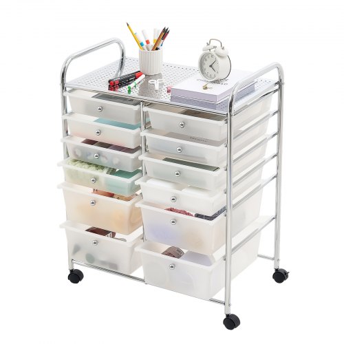 VEVOR Rollwagen mit 12 Schubladen Rollcontainer Doppelreihe 635x395x815mm, Metallgestell, Ablagefläche, Handgriffe, Lenkrolle mit 2 Bremsen, Mobiler Schubladenwagen für Büro Werkstatt Klassenzimmer