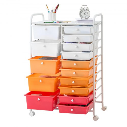 VEVOR Rollwagen mit 15 Schubladen Doppelreihe 630x385x965mm Farbverlauf Rot, Metallgestell, Ablagefläche, Handgriffe, Lenkrolle mit 2 Bremsen, Mobiler Schubladenwagen für Büro Werkstatt Bastelzimmer