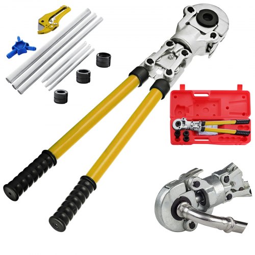 VEVOR Presszange TH 16, TH 20, TH 26, TH 32, Crimpzange Presszange Ø 16-32 m, Rohrpresszange Gelb, Stahl Quetschzange mit Ergonomischem und Rutschfestem Griff, Rohrcrimpzange 530-750 mm Ausziehbar