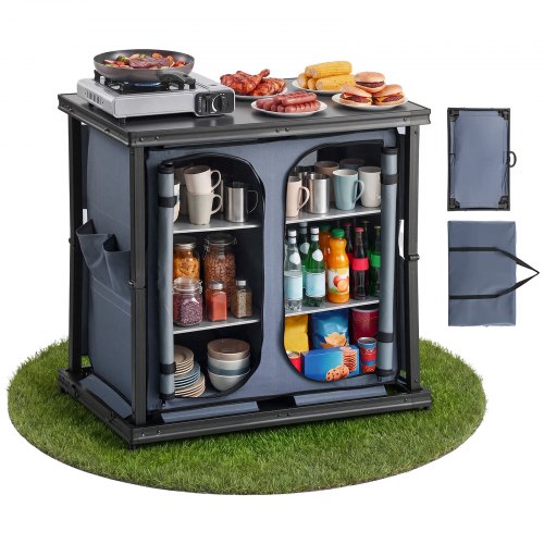 VEVOR Klappbare Campingküche, Tragbarer Campingschrank mit 6 Ablagefächern, Außentasche & MDF-Tischplatte bis 30 kg Tragkraft, Küchenstation für Picknick, Grillen, Partys, Camping & Wohnmobilreisen
