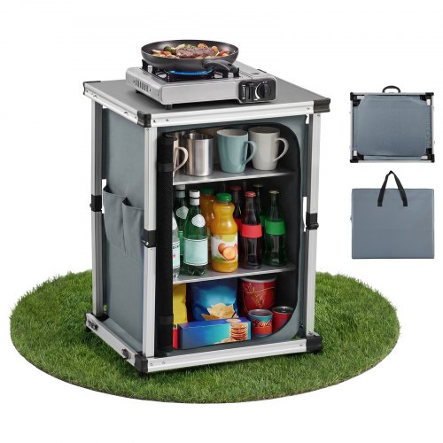 VEVOR Klappbare Campingküche, Tragbarer Campingschrank mit 3 Ablagefächern, Außentasche & MDF-Tischplatte bis 30 kg Tragkraft, Küchenstation für Picknick, Grillen, Partys, Camping & Wohnmobilreisen