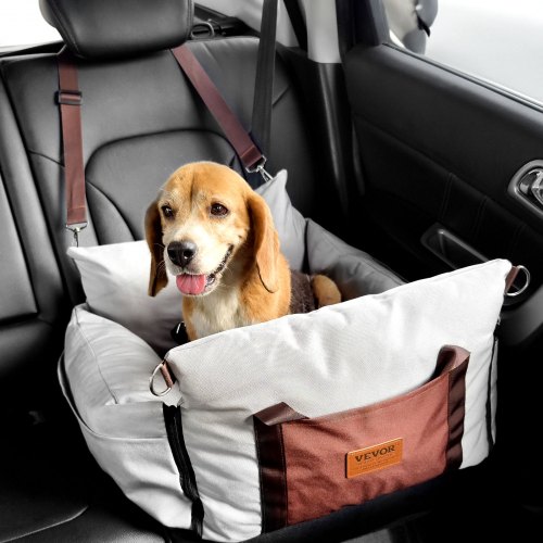 

VEVOR Hundeautositz Hundesitzerhöhung mit seitlichen Griffen und Aufbewahrungstasche, ansteckbarer Sicherheitsleine und Füllung aus PP-Baumwolle, Hundeautobett für kleine Hunde bis 25 Pfund, grau