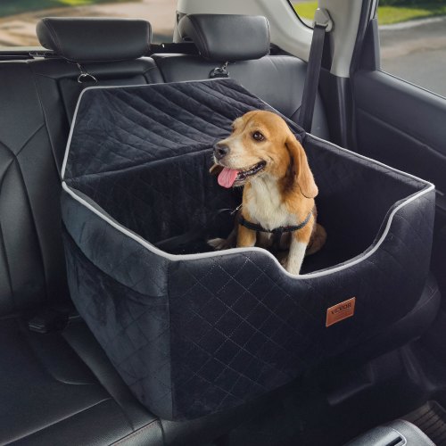 

VEVOR Hundeautositz, Hundesitzerhöhung mit Aufbewahrungstasche, Haustierautositz mit ansteckbarer Sicherheitsleine, Schwammfüllung, Hundeautobett für mittelgroße und große Hunde bis 25 kg Schwarz