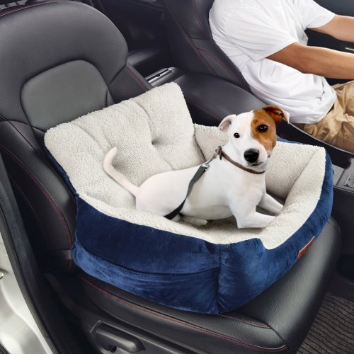 VEVOR Hundeautositz, Hundesitzerhöhung fürs Auto mit hoher Rückenlehne, Aufbewahrungstasche, ansteckbarer Sicherheitsleine, Füllung aus PP-Baumwolle, Hundeautobett für kleine Hunde bis 20 Pfund, Dunkelblau+Grau
