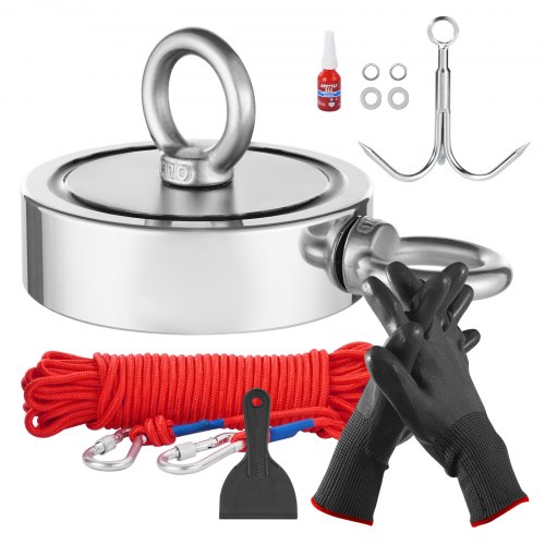 VEVOR Magnet-Angelset Magnet Angel Kit (Rot) 771 kg doppelseitige Zugkraft, Seltenerd-Neodym-Magnet-Angelset inkl. Haken Hochleistungsseil Handschuhe (Schwarz) Ringschraube Kleber Schaufel