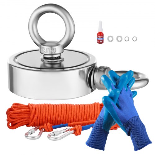 VEVOR Magnet-Angelset Magnet Angel Kit (Orange) 450 kg doppelseitige Zugkraft, Seltenerd-Neodym-Magnet-Angelset inkl. Enterhaken Hochleistungsseil Handschuhe (Blau) Ringschraube Kleber