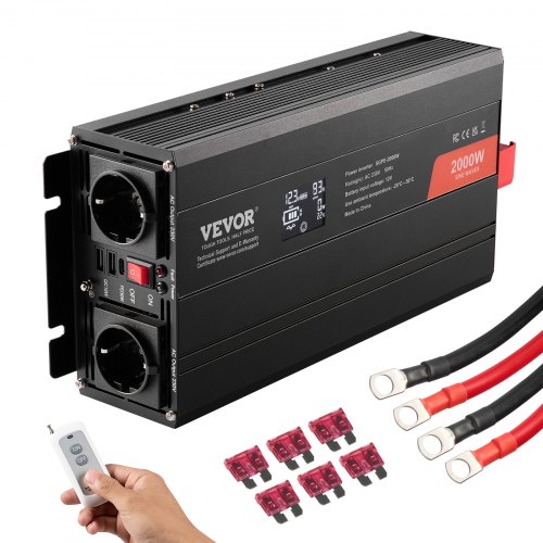 VEVOR Wechselrichter mit reiner Sinuswelle 2000W DC 12V AC 230V Spannungswandler mit 2 AC-Steckdosen 2 USB-Anschlüssen 1 Typ-C-Anschluss LCD-Display und Fernbedienung für mittelgroße Haushaltsgeräte