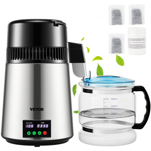 VEVOR Wasser Destillierer 1L / H Haushalt Silber Wasserdestilliergerät Destilliertes Wasser herstellen 750 W, Doppelter Bildschirm Edelstahl Distilleranlage mit Glaskanne Reinwasser destilieren