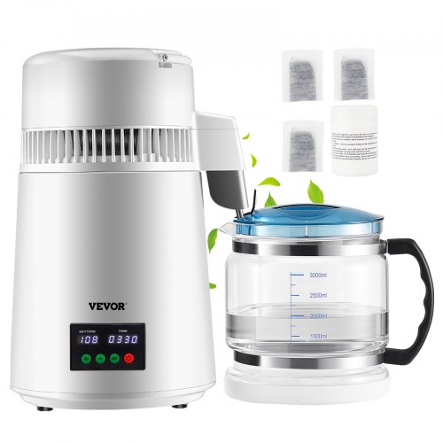 

VEVOR 4 L Wasser Destilliergerät 750 W Destillierer Edelstahl Wasserdestilliergerät Reine Wasser Distiller mit Glaskanne, Wasserdestilliergerät 1 L/Std. Doppelte Temperaturanzeige Wasser Distiller