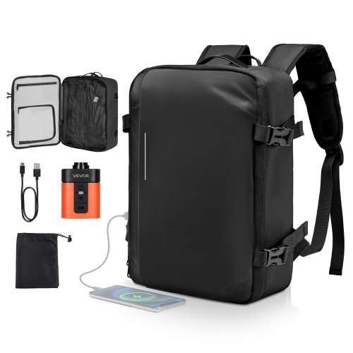 VEVOR Vakuum-Reiserucksack, 35 L, Vakuum-Kompressions-Reiserucksack mit Luftpumpe, mehreren Taschen & Fächern, wasserabweisendes Handgepäck, lässige Tasche für persönliche Gegenstände, Schwarz