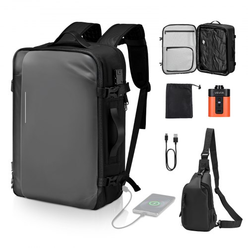 

VEVOR Vakuum-Reiserucksack, 65 L, erweiterbarer Vakuum-Kompressions-Reiserucksack mit Pumpe, mit TSA-zugelassenem Schloss, USB-Ladeanschluss, wasserabweisendes Handgepäck, für Business, Grau