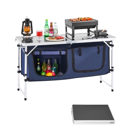 VEVOR Camping Küchentisch klappbarer Kochtisch Outdoor, 3-fach höhenverstellbar, tragbare Kochstation aus Aluminium mit Organizer & Tragegriff, für Grillpartys Picknicks Wohnmobilreisen Blau