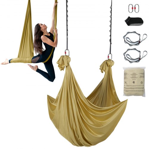 

VEVOR Aerial Yoga Hängematte Set 4 x 2,8 m, Golden Aerial Yoga Swing Air Fliegen, Yoga-Schaukel Hammock Swing 1000 kg Max. Tragfähigkeit, inkl. Yoga-Socken & Stahlkarabiner, Anti-Gravity-Übungen