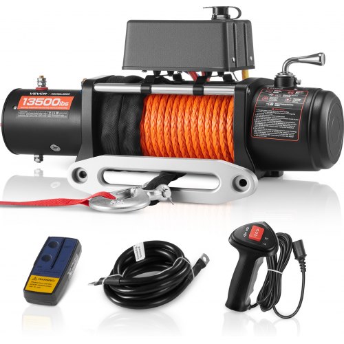 VEVOR Elektrische Seilwinde, 13.500 lb, 12 V DC LKW-Winde mit Φ3/8 Zoll x 80 Fuß Synthetikseil, Aluminium-Seilführung, kabellose und kabelgebundene Fernbedienung, IP55 wasserdicht zum Schleppen von Geländewagen, Jeeps, Anhängern und Booten