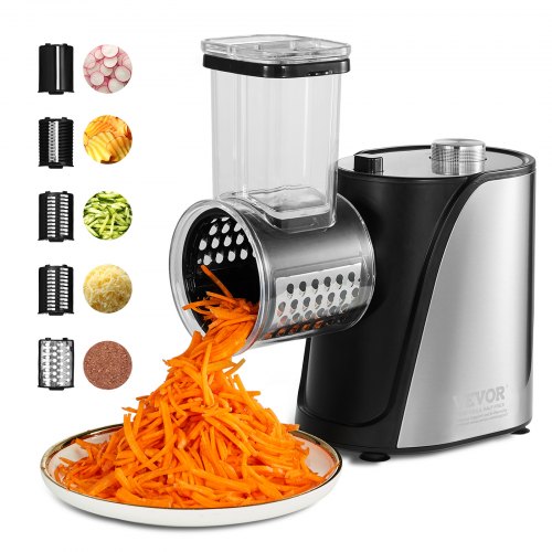 VEVOR Elektrische Käsereibe / Salatzubereiter, 250 W Salatschleuder, Elektrischer Gemüseschneider Gemüsehobel, Zerkleinerer für Obst mit 5 Aufsätzen, Lebensmittelschneider aus Edelstahl & ABS