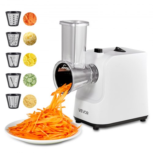 VEVOR Elektrische Käsereibe Salatzubereiter 200 W Gemüsehobel Gemüseschneider, Drehreibe mit 5 Aufsätzen, Lebensmittelschneider mit Edelstahlklingen für Gemüse Käse schnelles Schneiden