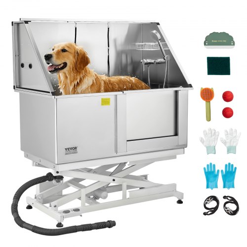 VEVOR Elektrische Hundewaschstation mit Hebefunktion, 127 cm Edelstahl-Tierpflegewanne mit PE-Wasserfilterplatte, Wasserhahn & Duschkopf, Hundebadewanne, Waschbecken für Haustiere (rechte Tür)