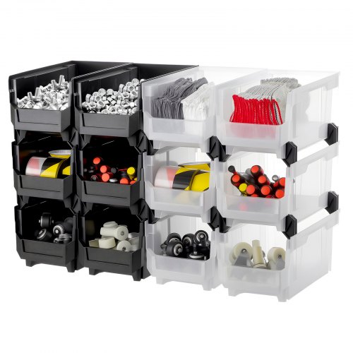 VEVOR Stapelboxen, 377 x 215 x 180 mm (12er-Pack), Sichtlagerboxen, Sichtlagerkasten zum Organisieren & Aufbewahren von Kleinteilen, Bürobedarf & anderem Zubehör, schwarz & transparent