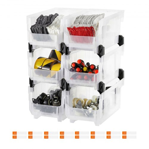 VEVOR Stapelboxen, 377 x 215 x 180 mm (6er-Pack), Sichtlagerboxen zum Organisieren & Aufbewahren, Sichtlagerkasten für Schränken, Garagen, Kleinteilen, Bürobedarf & anderem Zubehör, transparent