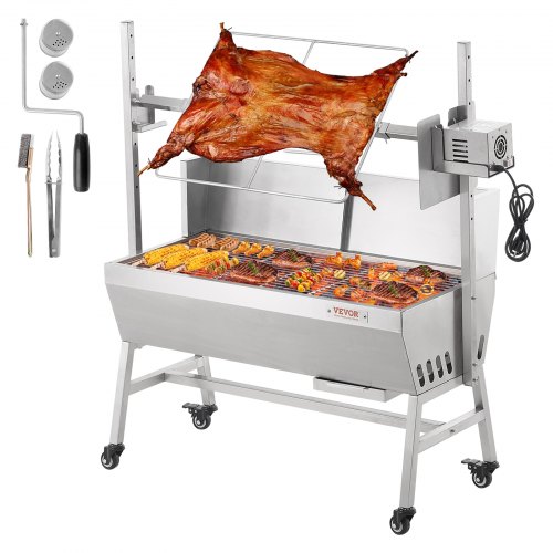 

VEVOR Lammgrill, Spanferkelgrill, Spießbratengrill, 61 kg rollbarer BBQ-Holzkohle-Spießgrill für Schwein, Lamm, Ziege, elektrischer 42-W-Motor, Edelstahl Drehspießröster mit Windschutzscheibe