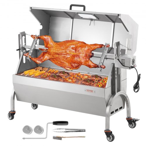 

VEVOR Lammgrill, Spanferkelgrill, Spießbratengrill, 90 kg BBQ-Holzkohle-Spießgrill für ganzes Schwein, Lamm, Ziege, elektrischer 52-W-Motor, Edelstahl-Drehspießröster mit feststellbaren Rädern