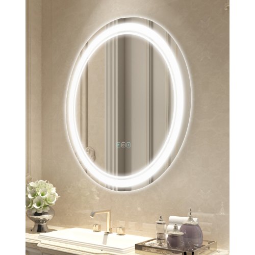 

VEVOR LED-Badezimmerspiegel runder Kosmetikspiegel (60 cm) mit Front- und Hintergrundbeleuchtung, beschlagfreier Memory-Spiegel stufenlos dimmbarer Badezimmerspiegel mit 3 Farbtemperaturen Wandmontage