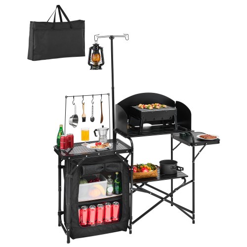 VEVOR Camping Küchentisch Outdoor Kochtisch, tragbare Kochstation aus Aluminium mit Lagerschrank & Tragetasche, & abnehmbarer Windschutzscheibe, für Grillpartys Picknicks Wohnmobilreisen, schwarz