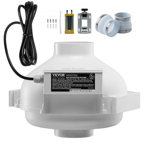 VEVOR 98-114 mm Radon-Lüfter-Installationskit, 260 CFM Radon-Minderungs-Lüftersystem-Kit mit 2 Kupplungen, Druckanzeige, Inline-Kanalventilator-Abluftventilator für Belüftung im Innen- & Außenbereich