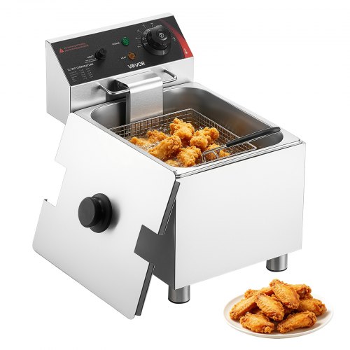 VEVOR Gewerbliche Elektrische 1-Becken-Fritteuse 7,5 L Ölfassungsvermöge, 2500 W Edelstahl-Tischfritteuse mit Frittierkorb, Deckel, Temperaturregelung und Verstellbaren Füßen, für Restaurant, Imbiss