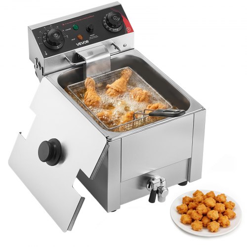 VEVOR Gewerbliche Elektrische 1-Becken-Fritteuse 6,8 L Ölfassungsvermögen, 2500 W Edelstahl-Tischfritteuse mit Verbessertem Ölfiltersystem, Frittierkorb, Deckel und Temperaturregelung, für Restaurant