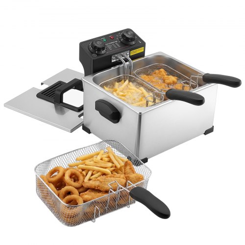 VEVOR Gewerbliche Elektrische Fritteuse 5,2 L Ölkapazität 2500 W Edelstahl, Tischgerät mit Frittierkörben (zwei Kleine + ein Großer), Überhitzungsschutz, Temperaturregelung und Timer, Silber