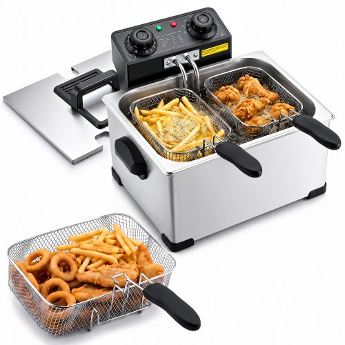 VEVOR Gewerbliche Elektrische Fritteuse 5,2 L Ölkapazität 2500 W Edelstahl, Tischgerät mit Frittierkörben (zwei Kleine + ein Großer), Überhitzungsschutz, Temperaturregelung und Timer, Silber