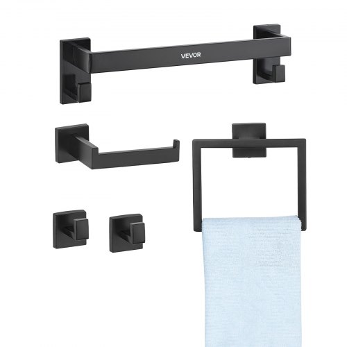 

VEVOR Badezimmer Hardware Zubehör Set (5-tlg.) inkl. Handtuchstange (406,4 mm) & Handtuchhalter (quadratischer Ring) & 2 Haken & Toilettenpapierhalter, für Badezimmer, Wandmontage Mattschwarz