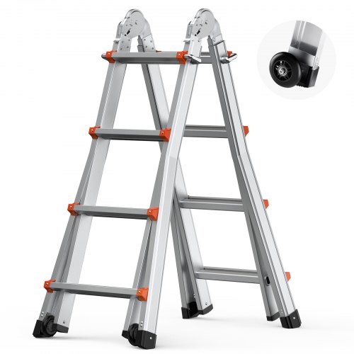 

VEVOR Teleskopleiter mit A-Rahmen, 4 m Aluminium-Ausziehleiter, multifunktionale zusammenklappbare Wohnmobilleiter, Teleskopleiter für Hausaufgaben, Treppen, Innen- & Außendächer, 150 kg Tragkraft