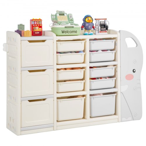 

VEVOR Spielzeugaufbewahrung Bücherregal Spielzeugregal in Elefantenform, 4-stöckige multifunktionale Ablage mit 10 flexiblen Kunststoffbehältern, für Schlafzimmer Klassenzimmer (Grau + Beige)