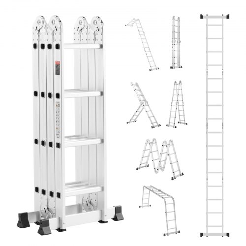 

VEVOR Mehrzweckleiter, 7-in-1-Multifunktionsleiter, Teleskopleiter mit A-Rahmen und 4 Stufen, Leitergerüst 4600 mm, verstellbare Hochleistungsleiter, 150 kg Tragkraft für den Außenbereich zu Hause