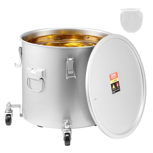 VEVOR Fryer Grease Bucket, 10 Gal Oil Disposal Caddy with Caster Base, Carbon Steel Rust-Proof Coating, Oil Transport Container with Lid, Lock Clips, Filter Bag for Hot Cooking Oil Filtering, Gray