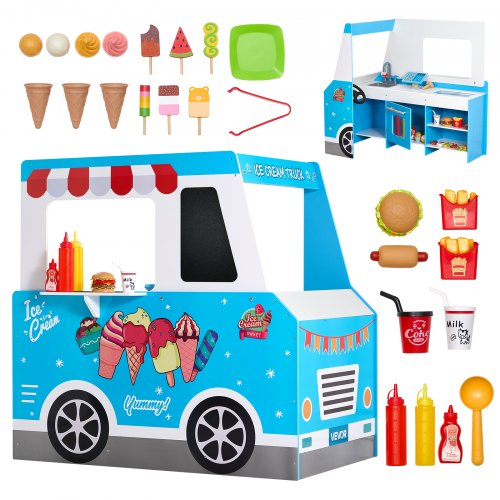 VEVOR Eiswagen für Kinder, über 20 Zubehörteile, Eisdiele aus Holz mit Lenkrad und Tafel, Zahlungsscanner und Gefrierschrank, Wasserhahn und Spüle, geeignet für Kinder von 3-7 Jahren, blau