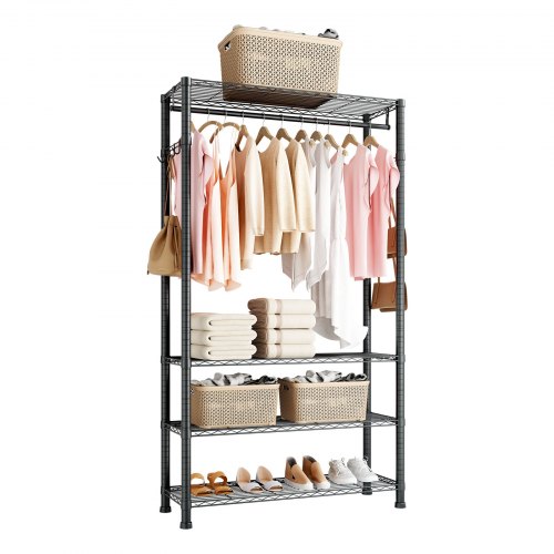 VEVOR Kleiderständer Garderobenständer (höhenverstellbar) aus Karbonstahl mit 1 Kleiderstange & 227 kg Tragkraft &  4 Regalen & 8 Haken, für Schlafzimmer Bekleidungsgeschäft Garderobe Flur