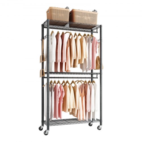VEVOR Kleiderständer Garderobenständer auf Rollen (verstellbar) aus Karbonstahl mit 2 Kleiderstangen & 204 kg Tragkraft & 3 Regalen & 8 Haken, für Schlafzimmer Bekleidungsgeschäft Garderobe Flur