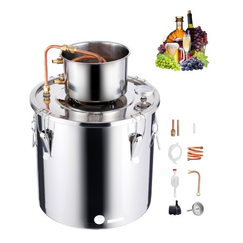 

VEVOR Alkoholdestillieranlage 30 L Edelstahl Wasseralkohol Destillieranlage mit Kupferspule, Heimbrau-Raffinations-Gärungsset mit Thermometer und Pumpe, für Wein Whisky Brandy, Silber