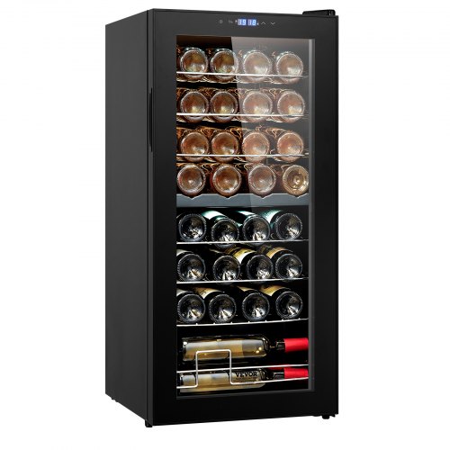 VEVOR Weinkühlschrank Getränkekühlschrank mit doppelter Zonen 32 Flaschen, LED-Kühlschrank mit Kunststofftür, Getränkekühlschränke Freistehend, Mini Kühlschrank Minibar mit UV-Schutz, 5-18 °C