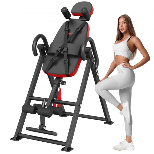 VEVOR Inversionstisch, Inversionsbank, 136 kg belastbar, Multifunktionsgerät Rückentrainer, klappbares Krafttrainingsgerät mit Kopfstütze, Knöchelverriegelung, verstellbarem Schutzgurt, Rot + Schwarz