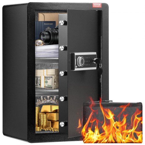 VEVOR Safe Tresor mit feuerfester Geldtasche, Einzeltür-Safe 99 L, 2 Trennwände, digitaler Möbeltresor mit Schlüssel und Code, Wertsachenbox für Geld, Schmuck und Medikamente, Geldtresor Schwarz