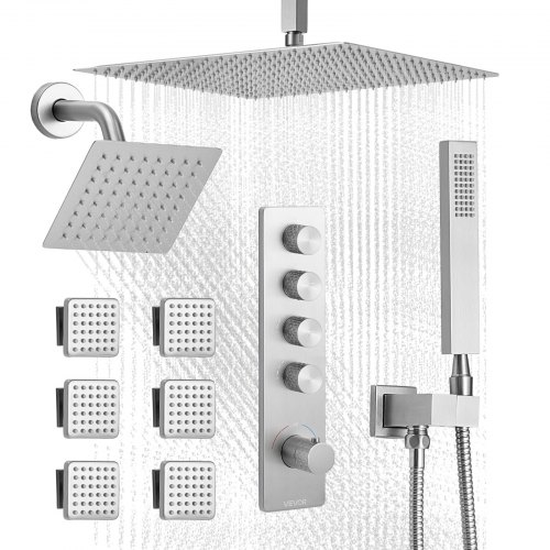 

VEVOR Duschsystem-Set mit 16 Zoll Regenduschsystem / 6 Zoll Wandmontagekopf / Handbrause / 6 Körperbrause, Doppelregenkopf, Messingventil Verkleidungssatz Zierset, gebürstetes Nickel