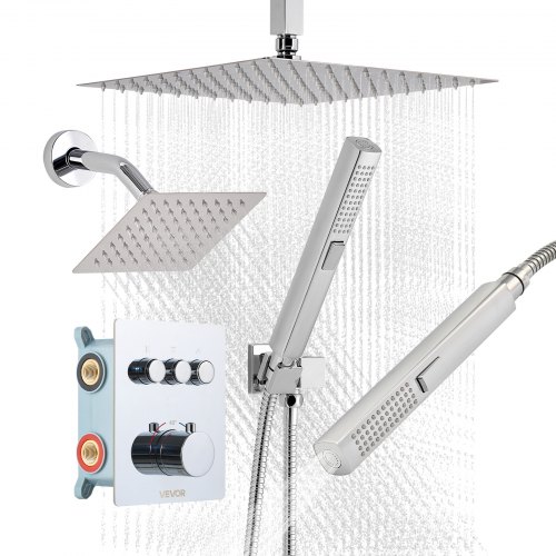 

VEVOR Duschsystem-Set mit 12 Zoll Regenduschsystem / 6 Zoll Wandmontagekopf / 2 in 1 Handbrause, drehbarer Doppelregenkopf (3 Funktionen), Messingventil und Verkleidungssatz, Chrom thermostatisch
