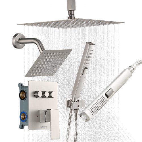 VEVOR Duschsystem-Set inkl. 10 Zoll Regenduschsystem / 6 Zoll Wandmontagekopf / 2 in 1 Handbrause, drehbarer Doppelregenkopf (3  Funktionen), Messingventil und Verkleidungssatz, gebürstetes Nickel