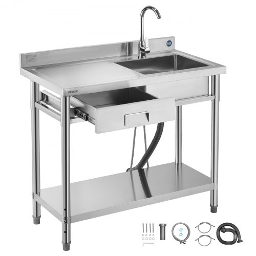 

VEVOR Spültisch Spülbecken Edelstahl (100 x 50 x 94 cm), Einzelbecken mit Wasserhahn & Schublade, Küchenspüle für Garage Restaurant Wäscherei, Waschtisch Außenspüle mit Arbeitsplatte (links)