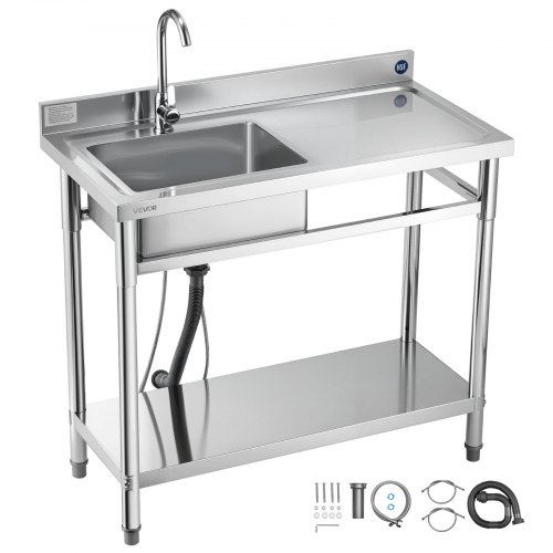 

VEVOR Spültisch Spülbecken Edelstahl (100 x 50 x 94 cm), Einzelbecken mit Wasserhahn & Ablage, Küchenspüle für Garage Restaurant Wäscherei, Waschtisch Außenspüle mit Arbeitsplatte (recht)